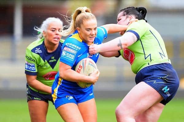 Lucy Murray tussles with Emily Downs of Warrington Wolves during Leeds Rhinos' Challenge Cup win at AMT Headingley two weeks ago. Picture by Olly Hassell/SWpix.com.