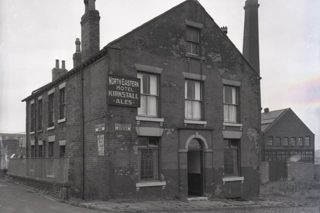 The North Eastern Hotel on Catherine Street, at the junction with Cross Catherine Street. The hotel's sign advertises 'Kirkstall Ales'. Another advertisement for 'Mercer's Meat Stout' can be seen. Pictured in September 1950.