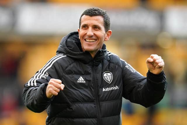 Leeds United manager Javi Gracia celebrates after the final whistle in the Premier League match at Molineux Stadium, Wolverhampton. Picture date: Saturday March 18, 2023.