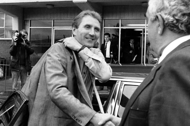 Howard Wilkinson arrives at Elland Road to be greeted by chairman Leslie Silver to start his new job as manager in October 1988.