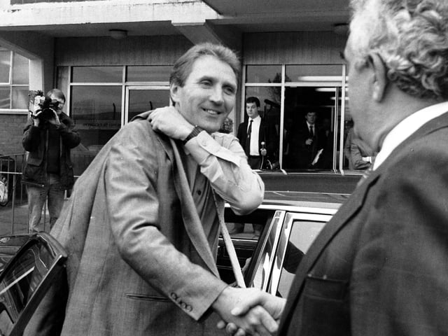 Howard Wilkinson arrives at Elland Road to be greeted by chairman Leslie Silver to start his new job as manager in October 1988.