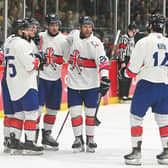 LEEDS-BOUND: GB's players celebrate a goal in their recent win over Romania in the Olympic Pre-Qualifiers in Cardiff last month. They will play in Leeds on April 26 against Poland. Picture: Dean Woolley