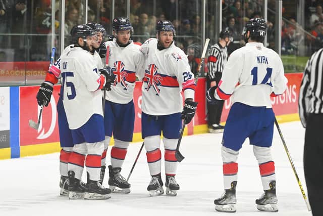 LEEDS-BOUND: GB's players celebrate a goal in their recent win over Romania in the Olympic Pre-Qualifiers in Cardiff last month. They will play in Leeds on April 26 against Poland. Picture: Dean Woolley