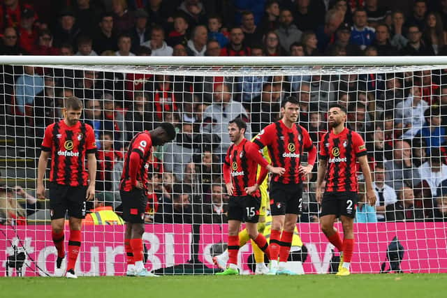 BOURNEMOUTH, ENGLAND - OCTOBER 29: Players of AFC Bournemouth looks dejected after Rodrigo Bentancur of Tottenham Hotspur ( not pictured ) scores their side's third goal during the Premier League match between AFC Bournemouth and Tottenham Hotspur at Vitality Stadium on October 29, 2022 in Bournemouth, England. (Photo by Dan Mullan/Getty Images)
