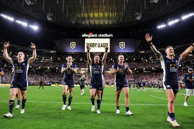 Cooper Jenkins - second from right - and Leeds Rhinos teammates celebrate last Saturday's 58-6 thrashing of Hull KR at Allegiant Stadium in Las Vegas. Picture by Alex Whitehead/SWpix.com.