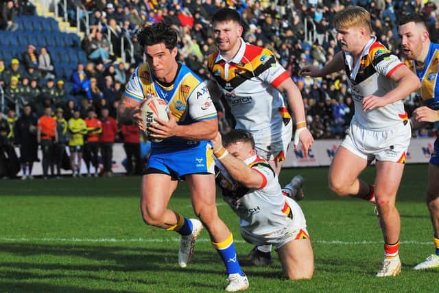 Brodie Croft scored a hat-trick when Leeds Rhinos beat Bradford Bulls in Cameron Smith's testimonial game last weerkend. Picture by Steve Riding.
