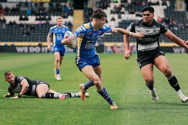 Riley Lumb scores his first senior try in his Leeds Rhinos debut at Hull FC. Picture by Alex Whitehead/SWpix.com.
