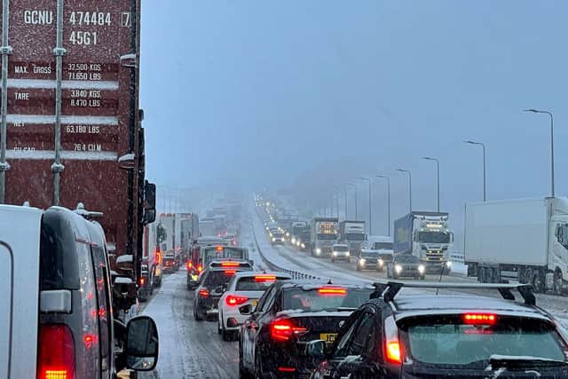 Traffic at a standstill on the M62 motorway near Kirklees, West Yorkshire, due to heavy snow in the area. Picture date: Friday March 10, 2023. PA Photo. The Met Office has issued three amber warnings for northern England, the Midlands, North Wales and Northern Ireland, where "significant disruption" to transport and power supplies is expected. Photo credit should read: PA Wire