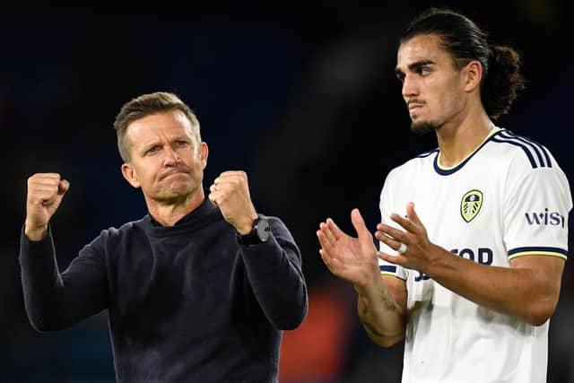 VERDICT: From Leeds United boss Jesse Marsch, left, pictured with Pascal Struijk after Tuesday night's 1-1 draw against Everton at Elland Road. Photo by OLI SCARFF/AFP via Getty Images.