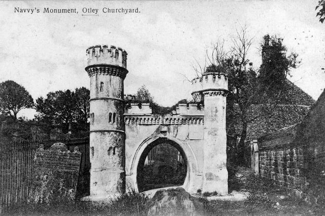 An undated view of a monument in the churchyard of Otley's All Saint's Church in memory of all the men who lost their lives during the construction of Bramhope Railway Tunnel. It depicts the entrance to the tunnel at Arthington.