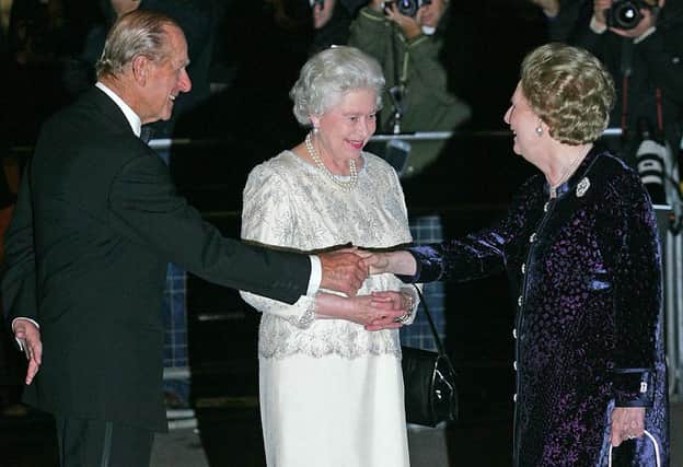 The Queen, Prince Phillip and Margaret Thatcher.