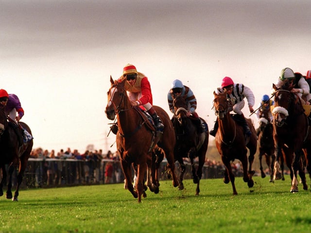 Frankie Dettori, second from left, riding Maradata wins the 3.45, The Clayton Bigley Partnership Handicap Stakes at Pontefract Races in October 1996.