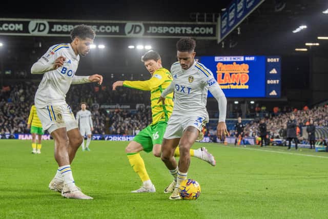 HAPPY MAN: Leeds United left back Junior Firpo on the ball in Wednesday night's 1-0 victory against Championship visitors Norwich City at Elland Road. Photo by Tony Johnson.