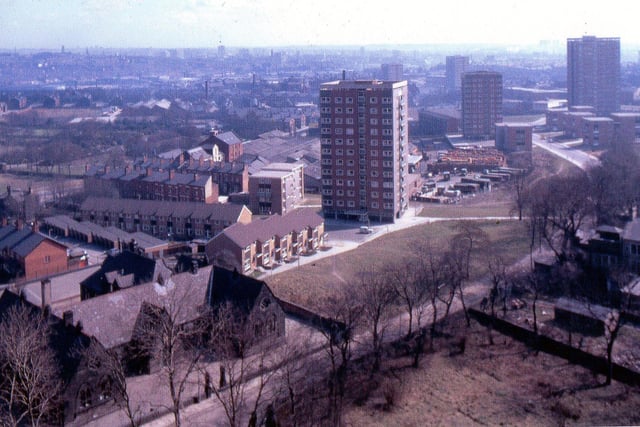 Taken from the top of Christ Church tower. Upper Armley School can be seen bottom left, both Alan Bennett and Barbara Taylor Bradford went to school here. Gott's Park can be seen middle left across Stanningley Road. Theaker Lane runs from bottom left with recently built high rise flats in the centre at Burnsall Court.