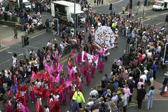 Leeds West Indian Carnival. Picture shows part of the procession in Roundhay Road, Leeds, on August 25, 2003.