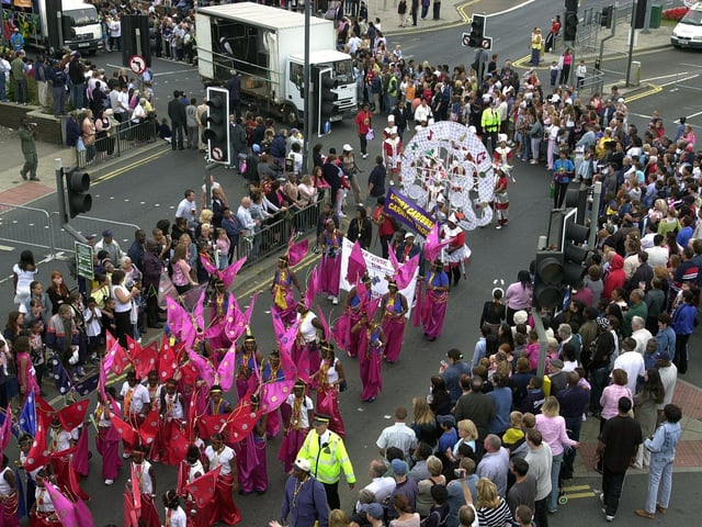 Leeds West Indian Carnival. Picture shows part of the procession in Roundhay Road, Leeds, on August 25, 2003.