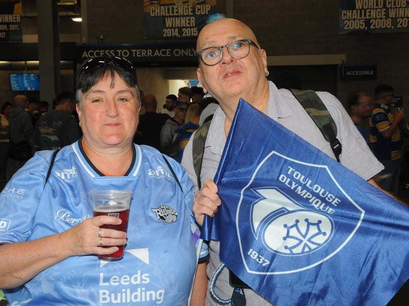 Rhinos fan Judith Adams with Paul Townsley, of Leeds, who supports Toulouse.