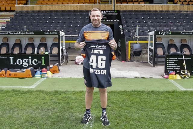 Tigers signing Blake Austin reveals his squad number at the Jungle on Thursday. Picture by Simon Hall/OMH Rugby Pics/Castleford Tigers.