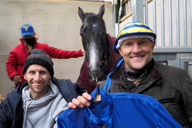 Rob Burrow, left, with former teammate Barrie McDermott and now retired racehorse Burrow Seven. Picture by Burrow Seven Racing Club / SWNS.