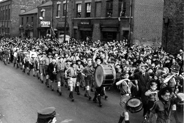 Boy scouts on parade on Marsh Street pictured in April 1944. The occasion was the visit of HRH Princess Royal on 'Salute the Soldier Week'