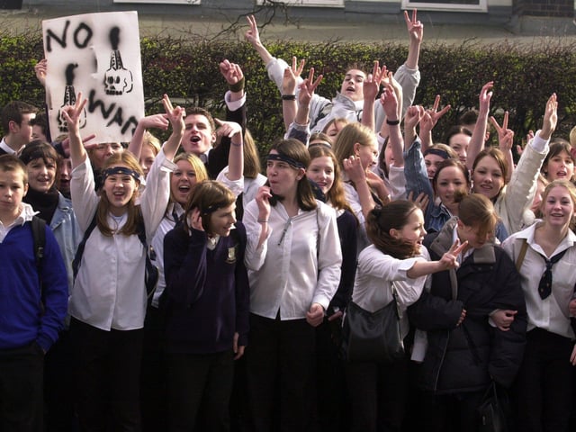 Pupils from Guiseley School protest against the war in Iraq outside St Mary's School at Menston in March 2003.
