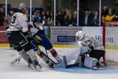 NO WAY THROUGH: Finn Bradon is denied by Hull netminder, Aleksanteri Heiskanen during Friday's derby clash at Elland Road Ice Arena. Picture: Alistair How/Knights Media.