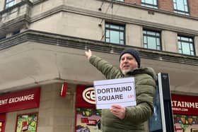 Leeds for Europe successfully campaigned for improved signage in Dortmund Square. Pictured is the group’s Chair, Peter Packham.