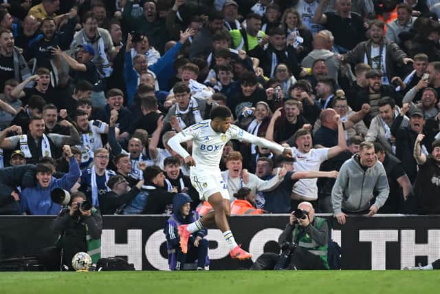 A JOY: Leeds United's play-offs semi-final second leg victory against Norwich City at Elland Road, as Georginio Rutter celebrates his strike, above. Photo by Michael Regan/Getty Images.