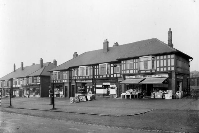 A parade of shops on Stainbeck Road in February 1936. They include a chemist, sweet shop and double fronted greengrocers owned by Bookless Brothers.