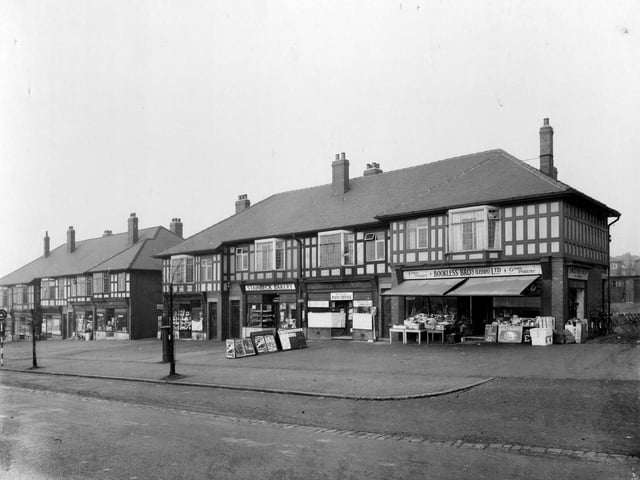 A parade of shops on Stainbeck Road in February 1936. They include a chemist, sweet shop and double fronted greengrocers owned by Bookless Brothers.