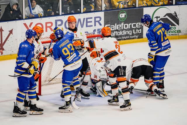 GAME ON: Leeds Knights and Sheffield Steeldogs will battle it out in Wednesday night's second leg of the NIHL National Cup Final. Picture: Rob Halls/Knights Media.