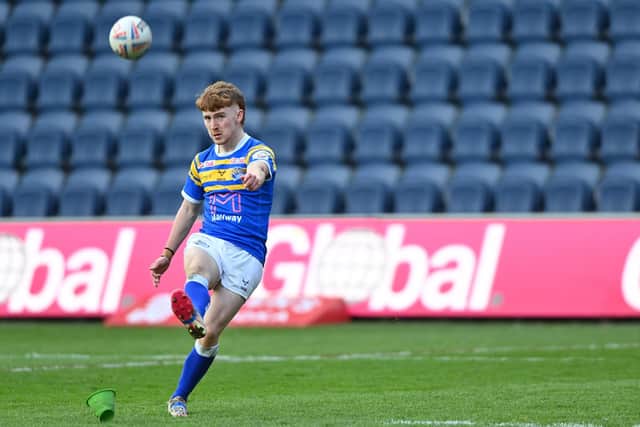Kai Morgan lands a goal for Rhinos under-18s against Hull KR at Headingley last season. Picture by Bruce Rollinson.