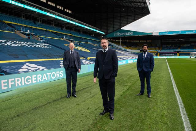 Hisense are proud LUFC official partners - pictured at Elland Road. Left to right, are Howard Grindrod, Hisense UK Vice President, Paul Bell, Leeds United Executive Director and Arun Bhatoye, Hisense UK head of marketing,