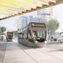 An artists impression of light rail trams trains network public transport system for the West Yorkshire mass transit scheme.