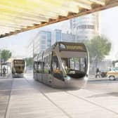 An artists impression of light rail trams trains network public transport system for the West Yorkshire mass transit scheme.