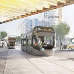 An artists impression of light rail trams trains network public transport system for the West Yorkshire mass transit scheme.