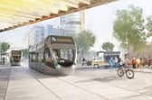 An artists impression of light rail trams trains network public transport system for the West Yorkshire mass transit scheme.