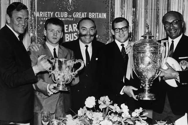 Roy Francis, right of picture, with the Yorkshire League trophy in 1968. Also seen are (left to right) Leeds United's Don Revie and Billy Bremner with the Football League Cup, Harry Swales, chairman of the Leeds committee of the Variety Club and Leeds RL player Bev Risman. Picture by YPN.