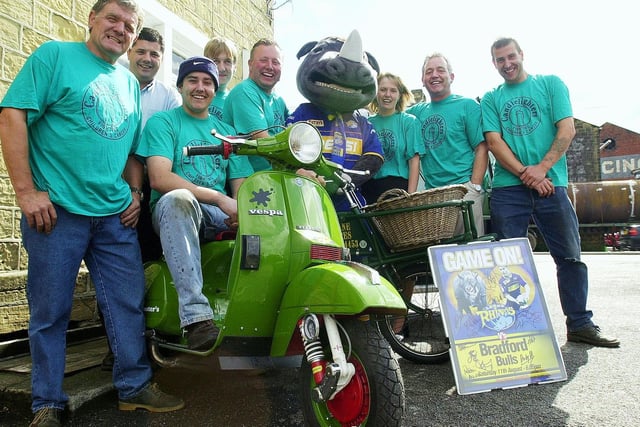 Pudsey residents who were set to travel to Scarborough using unusual means of transport to raise money for the Candlelighters charity. Pictured is Richard Bell, Haydn Beaumont, Brendan Beaumont, Stuart Beaumont, Richard Bell, Geff Beaumont, Nick Waterhouse, Jane Verity, Paul Larryman and Ronnie the Rhino.