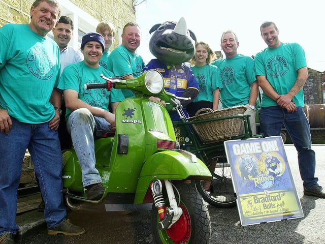 Pudsey residents who were set to travel to Scarborough using unusual means of transport to raise money for the Candlelighters charity. Pictured is Richard Bell, Haydn Beaumont, Brendan Beaumont, Stuart Beaumont, Richard Bell, Geff Beaumont, Nick Waterhouse, Jane Verity, Paul Larryman and Ronnie the Rhino.