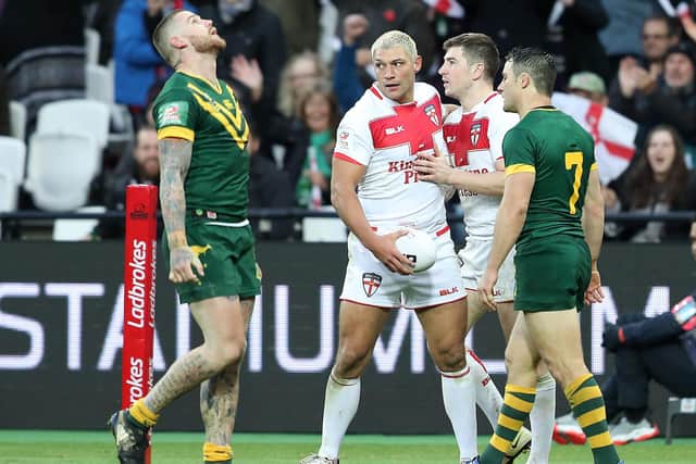 Leeds Rhinos' Ryan Hall celebrates scoring against Australia in the 2016 Four Nations tournament. Picture by John Clifton/SWpix.com.