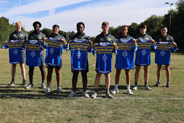 Seen from left to right are Leeds Rhinos' new academy players Ben Smith, Dillon Eshun, Ben Longstaff, Bamidele Olasode, Alfie Quinn, Harvey Hinchcliffe, Joe Gill, Wade Smith. Not pictured: Noah Sheriffe, Kazimierz Ciuraj-Davison. Picture by Leeds Rhinos.