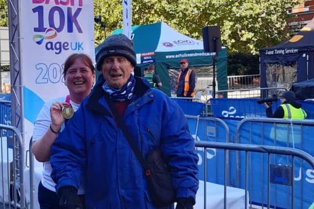 Clare with her dad Keith, at Age UK’s Leeds Abbey Dash in 2023