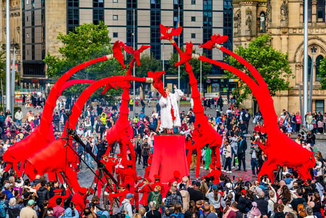 Culture and Compagnie: A Bank Holiday warm-up celebration of Bradford's City of Culture 2025 saw seven 8-metre tall puppets 'Les Girafes' by legendary French street theatre company Compagnie OFF parade through the streets. Picture: James Hardisty