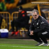 Marcelo Bielsa, manager of Leeds United, looks on during the Premier League match between Wolverhampton Wanderers and Leeds United at Molineux on February 19, 2021.