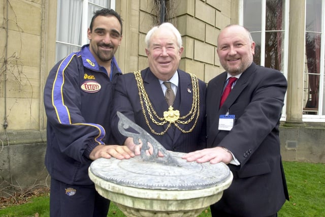 Bupa Hospital in Roundhay, launches its plans for a new development programme. Pictured is Leeds Rhinos star Tonie Carroll, Lord Mayor of Leeds Coun David Hudson and Andrew Batchelor, chairman, MAC, Bupa Hospital, unveiling a sun dial to mark the occasion on February 21, 2002.