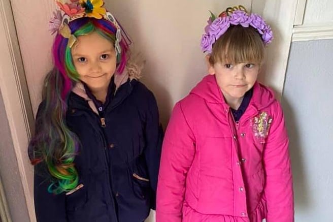 Rebecca Turton says: "My daughter Hannah and my niece Scarlett ready for crazy hair at school."