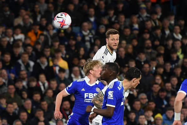 Leeds United v Leicester City. United's Liam Cooper wins a header. 25th April 2023 (Picture: Jonathan Gawthorpe)