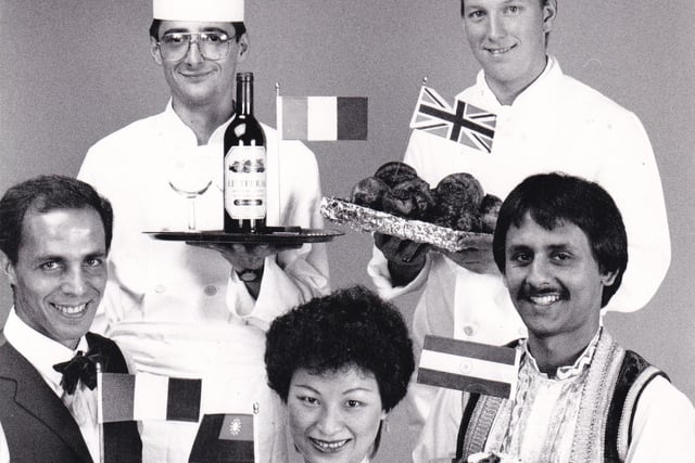 September 1987 and pictured, from left, are Enrico Pill (Manfred's - Italian cuisine), Lionel Strub (La Grillade - French cuisine), Bruce Atkins (Hotel Metropole - English cuisine), Sajid Javed (Shabab - Indian cuisine), and in front, Wai Ying Lok (Sang Sang - Chinese cuisine)