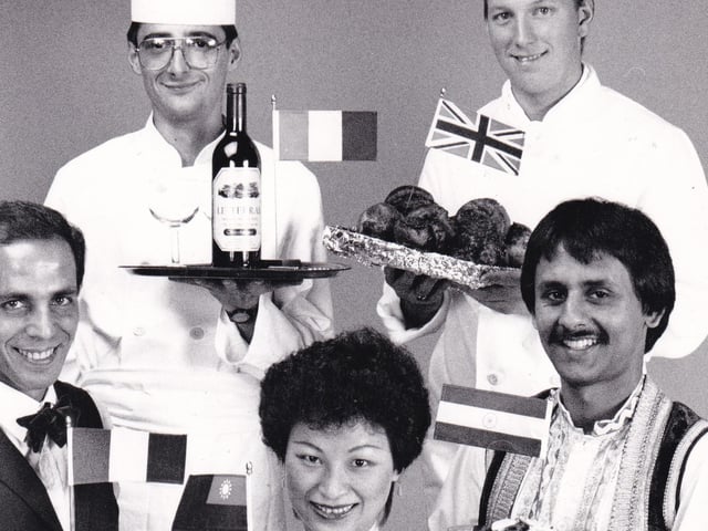 September 1987 and pictured, from left, are Enrico Pill (Manfred's - Italian cuisine), Lionel Strub (La Grillade - French cuisine), Bruce Atkins (Hotel Metropole - English cuisine), Sajid Javed (Shabab - Indian cuisine), and in front, Wai Ying Lok (Sang Sang - Chinese cuisine)